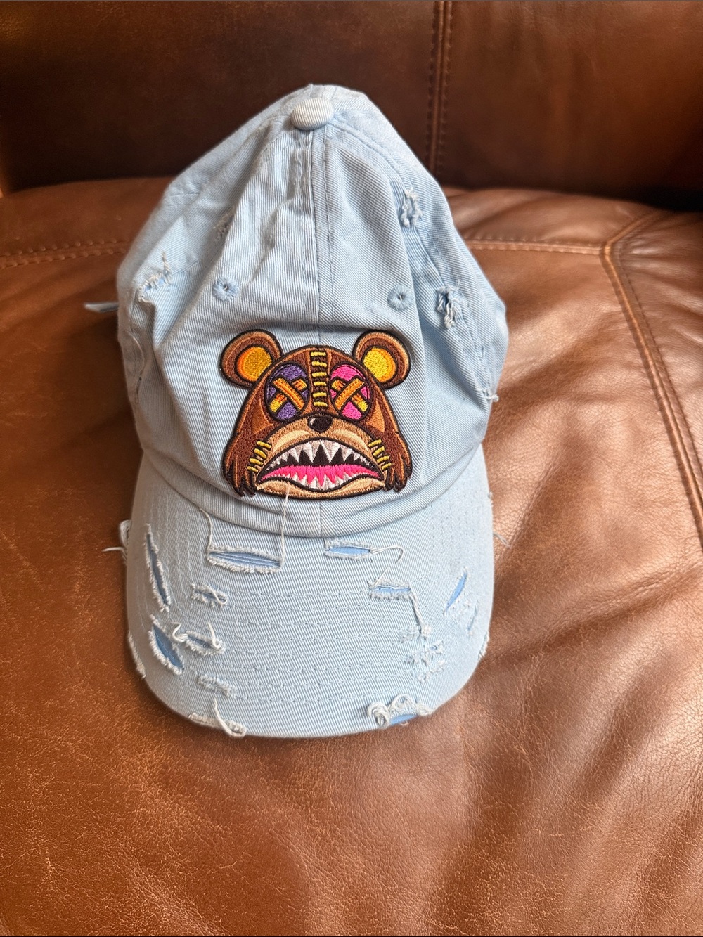 One size fit all Light Blue Distressed Cap with Bear Patch